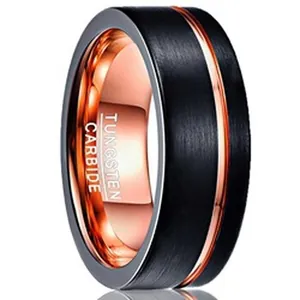 Elegant 8mm black and rose gold two-tone tungsten carbide ring for men with matte finish