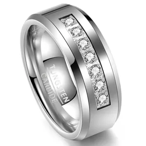 Men Tungsten Steel Ring Minimalist Silver Tone Inlaid Zirconia Band Ring Fashion Comfort Fit Finger Jewelry Wedding Party Anniversary