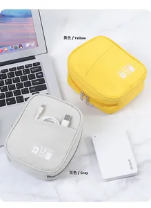 Macro view of portable digital storage bags in yellow and gray with a power bank