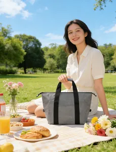 Lifestyle view of a grey waterproof insulated picnic bag in a sunny park setting