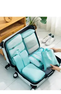 7-piece light blue travel storage organizer bag set neatly inside an open suitcase