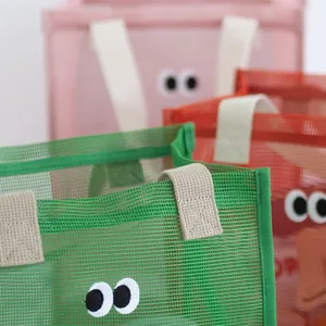 Cute summer mesh beach storage bag with cartoon eyes decoration and durable handles