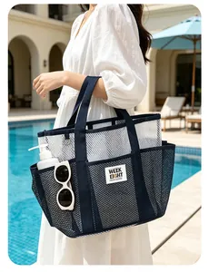 Grand sac de plage en maille pour voyage au bord de la piscine avec lunettes de soleil