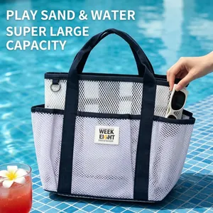Sac de Plage en Maille Grande Capacité Sac de Rangement de Voyage Portable pour Piscine Sac de Toilette à Main Multifonctionnel pour Vacances Femmes Hommes