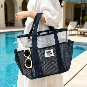 Sac de plage en maille bleu marine et blanc de grande capacité pour vacances