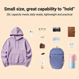Large 20L capacity travel backpack shown with daily essentials and casual purple hoodie