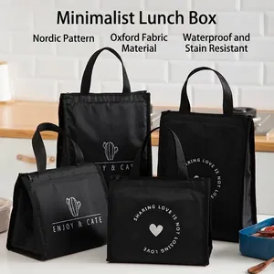 Sac à Déjeuner Isolé en Tissu Oxford Noir Imperméable Sac Bento Thermique Imprimé Cactus Coeur Sac à Main de Pique-Nique pour Bureau École Femmes Hommes