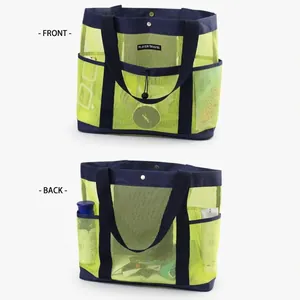 Grote neon groene mesh strandtas voor reizen en zwemmen met marineblauwe rand