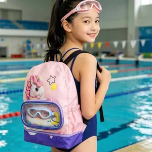 Rosa Einhorn-Schwimmrucksack für Kinder mit Nass-Trocken-Trennung und Klarsichtfach