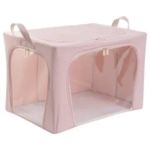 Large capacity pink fabric clothes storage box with transparent window and sturdy handles