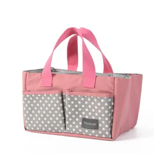 Roze en grijze stippen kinderwagen organizer tas met Weekeight merklabel
