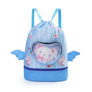 Blauer wasserdichter Kinder-Schwimmrucksack mit Hasenmotiv und herzförmigem Sichtfenster
