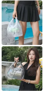 Large waterproof PVC mesh toiletry bag shown in a lifestyle swimming pool setting
