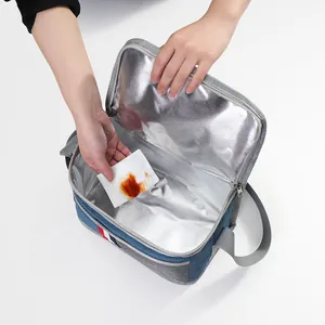 Foldable insulated lunch bag with easy-clean aluminum foil lining for picnics.
