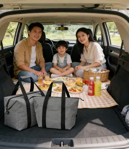 Happy family enjoying an outdoor picnic with 25L insulated cooler bags in an SUV trunk