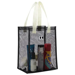 Cute black mesh beach tote bag with googly eyes design for summer travel and toiletries