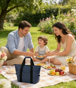 Large 25L blue insulated picnic bag displayed in a sunny outdoor family picnic setting.