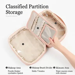 Trousse de maquillage rose grande capacité avec trois compartiments de rangement pratiques