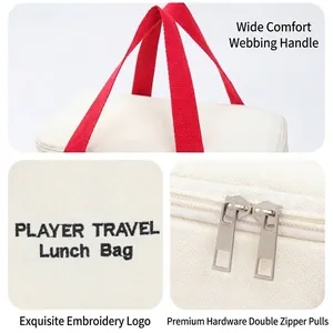 Insulated lunch bag with red handles and metal double zippers for commuters