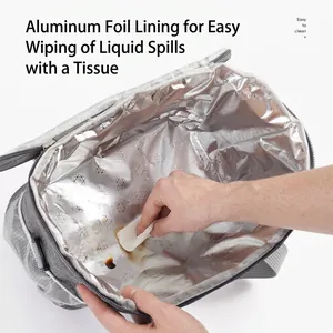 Large capacity insulated lunch bag featuring an easy-to-clean aluminum foil lining interior