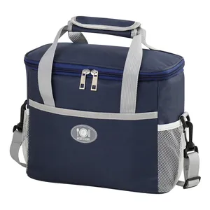 Navy blue insulated lunch bag with adjustable shoulder strap and large capacity.