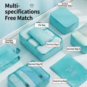 Comprehensive 7-piece cyan travel luggage organizer set for clothes, shoes and underwear