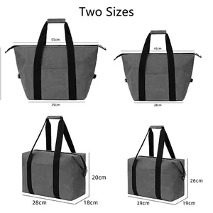 Portable gray insulated cooler bag in two sizes with detailed dimension measurements.