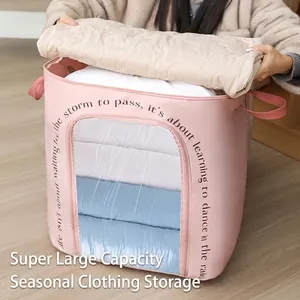 Bolsa de almacenamiento rosa de gran capacidad para ropa y edredones con ventana clara