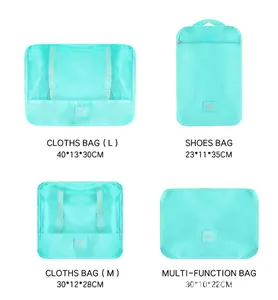 Detail view of cyan travel storage bags in four sizes including dimensions for organization