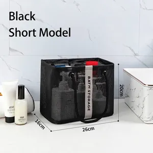 Black mesh bath storage bag 26x16x20cm size detail with handheld travel design