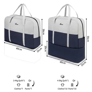 Large expandable waterproof travel bag showing dimensions and capacity before and after expansion.