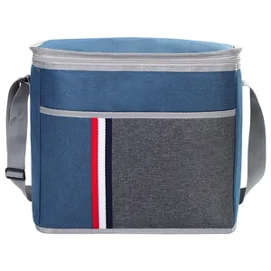 Large blue insulated cooler bag with red white blue stripes for outdoor picnic lunch