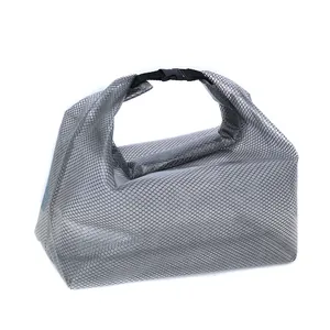 Durable grey grid PVC waterproof toiletry storage bag with secure buckle for travel