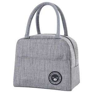 Graue isolierte Lunchtasche mit Bären-Lederpatch und stabilen Griffen