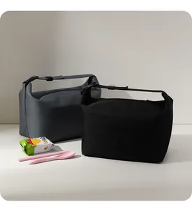 Detailed view of insulated lunch bags in black and grey with eco-friendly cutlery