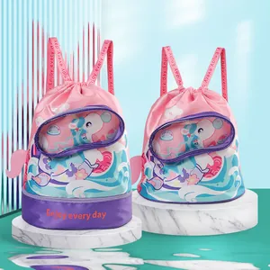 Kids Swimming Bag Dry Wet Separation PVC Beach Backpack With Shoe Compartment Cartoon Unicorn Pattern Outdoor Travel Bag