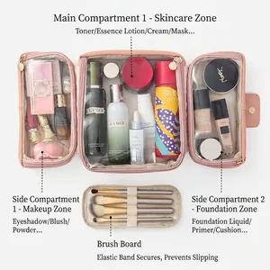 Multi-compartment large capacity waterproof toiletry bag with a separate makeup brush holder.