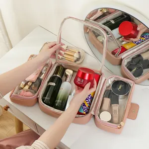 Spacious pink waterproof makeup organizer bag with multiple storage compartments
