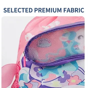 Pink waterproof children's swimming backpack with cute unicorn pattern and dry wet separation