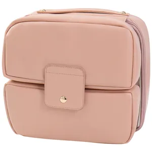 Elegant pink faux leather cosmetic organizer bag with large capacity and handle