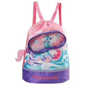 Kids pink unicorn drawstring swimming bag with dry wet separation and shoe compartment