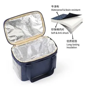 Navy blue insulated lunch bag showing its waterproof fabric and thermal foil lining layers.