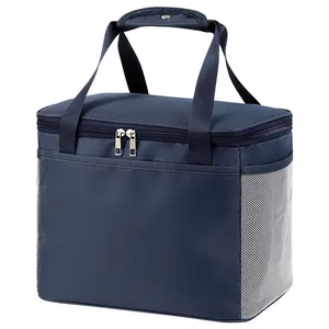 Insulated navy blue lunch bag with mesh side pockets and comfortable carrying handle