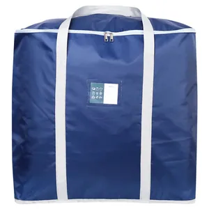 Durable large navy blue non-woven storage bag for quilts and clothes with label pocket