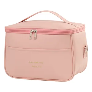 Elegant large capacity pink PU leather travel and makeup bag with sturdy handle