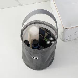 Minimalist grey mesh bucket beach bag with cute cartoon eye patches and top handle