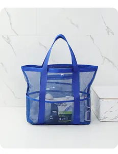 Large capacity blue mesh shower tote bag for toiletries and bathroom storage organizer