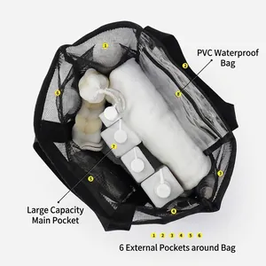 Large capacity mesh shower caddy bag with waterproof PVC pocket and side pockets