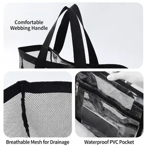 Portable black mesh shower caddy bag with webbing handles and internal waterproof PVC pocket
