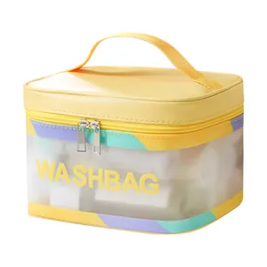 Grande borsa da toilette gialla da viaggio con sezione in PVC robusto semitrasparente